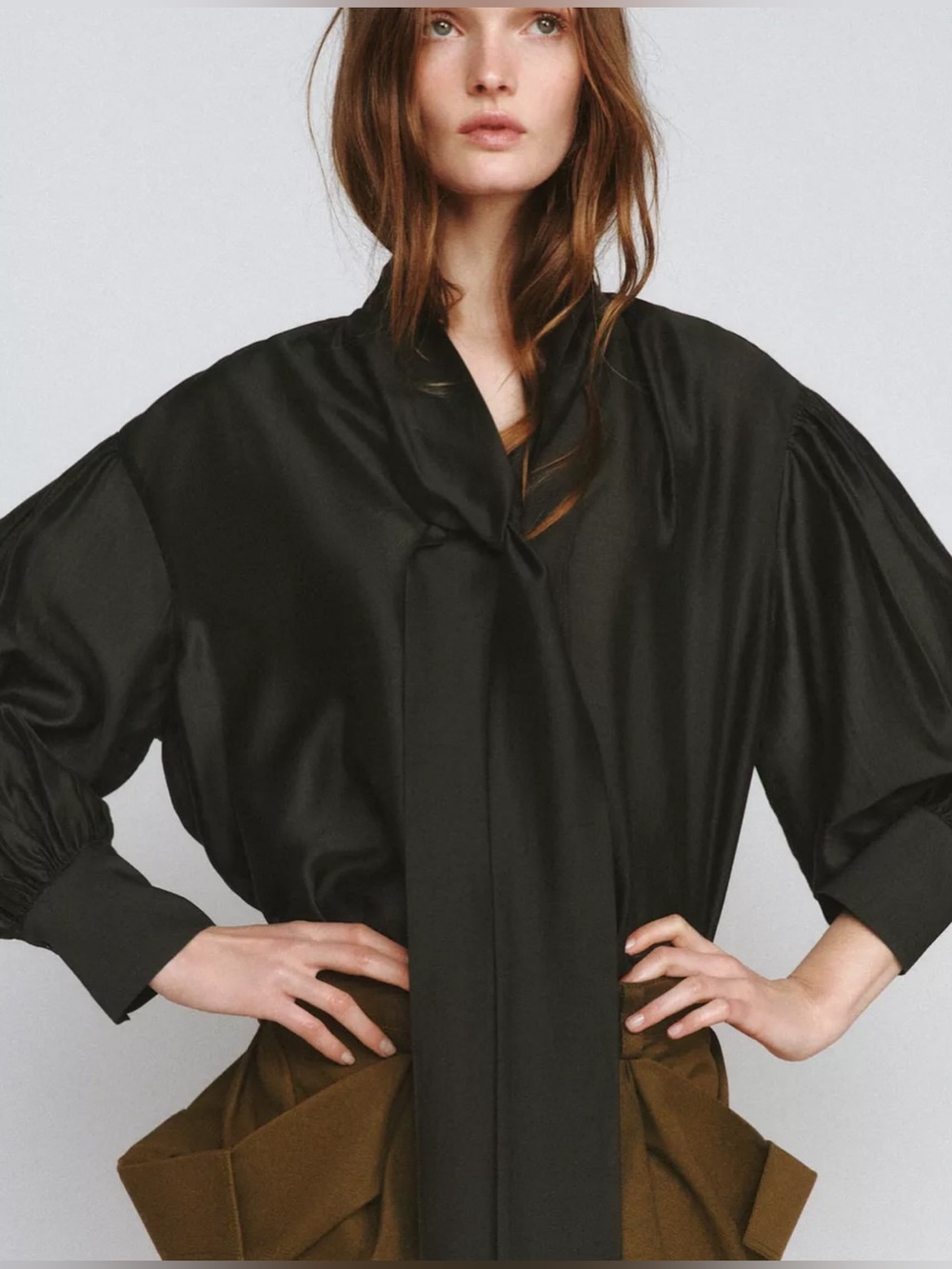 Zara ZW Collection Black Satin Effect Tie Shirt Size S NWOT